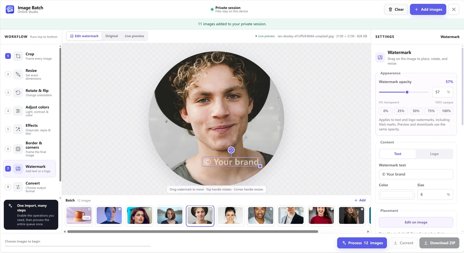 Image Batch text watermark on a circular portrait with move, rotate and resize handles and opacity set to 57 percent