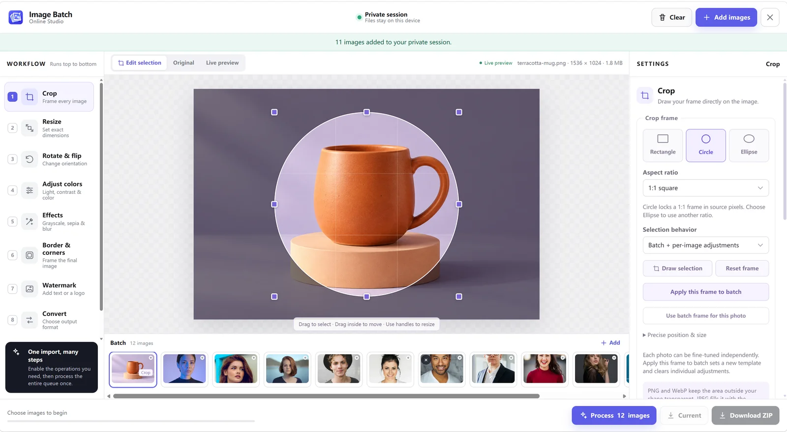 Image Batch circle crop with eight resize handles, a thumbnail queue, and batch plus per-image crop adjustments