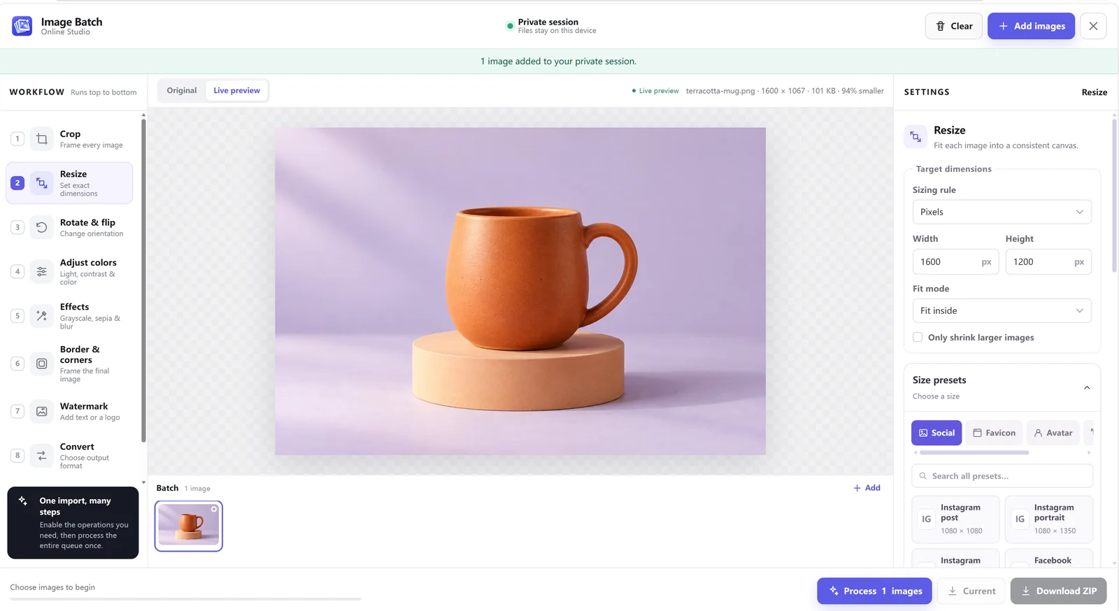 Image Batch online resizer showing the live mug preview, pixel dimensions, fit mode, and social size presets
